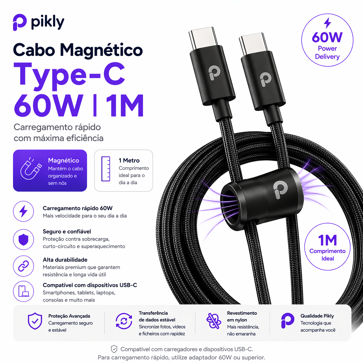 Cabo Magnético USB-C para USB-C 60W 1M