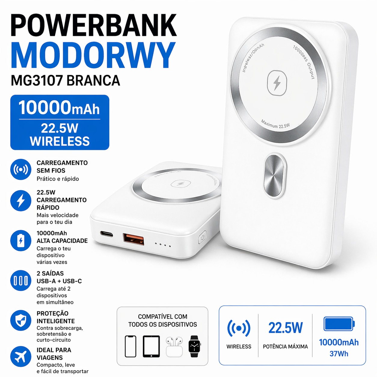 Powerbank Modorwy MG3107 10000mAh 22.5W Wireless – Branca