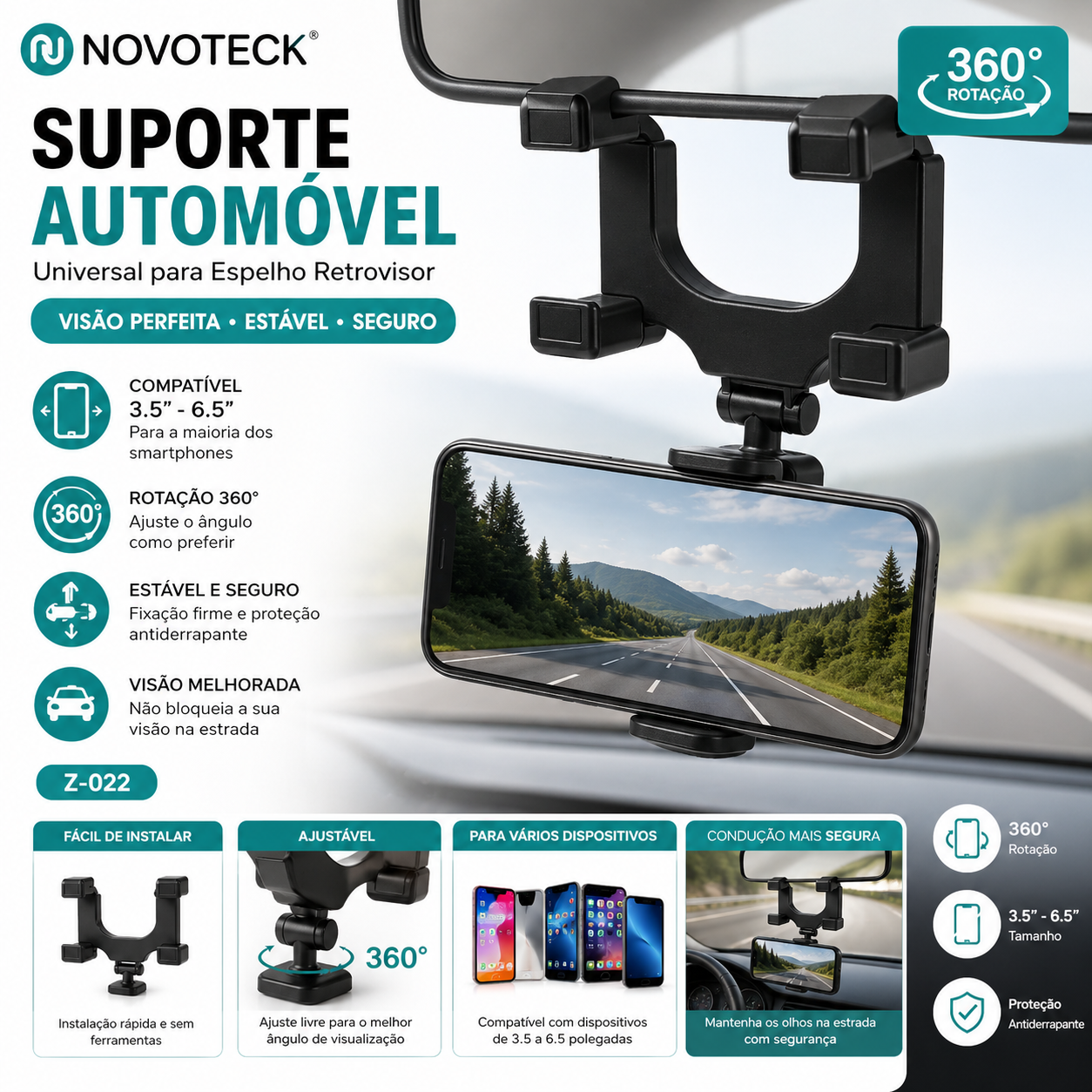 Suporte de Telemóvel para Carro Novoteck Z-022 – Espelho Retrovisor com Rotação 360º