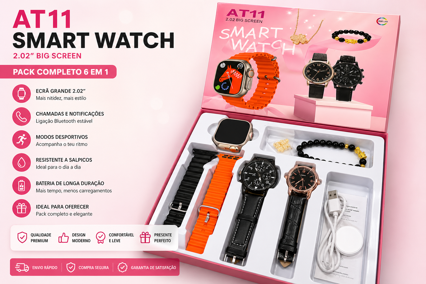 Smartwatch AT11 Pack Premium – Relógio + 2 Clássicos + Pulseiras + Acessórios