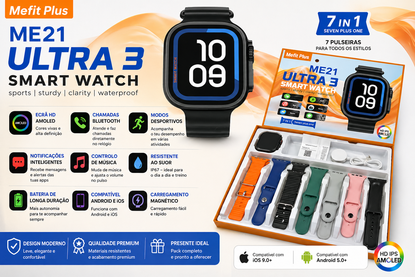Smartwatch ME21 Ultra 3 – Pack 7 Pulseiras | Ecrã HD AMOLED