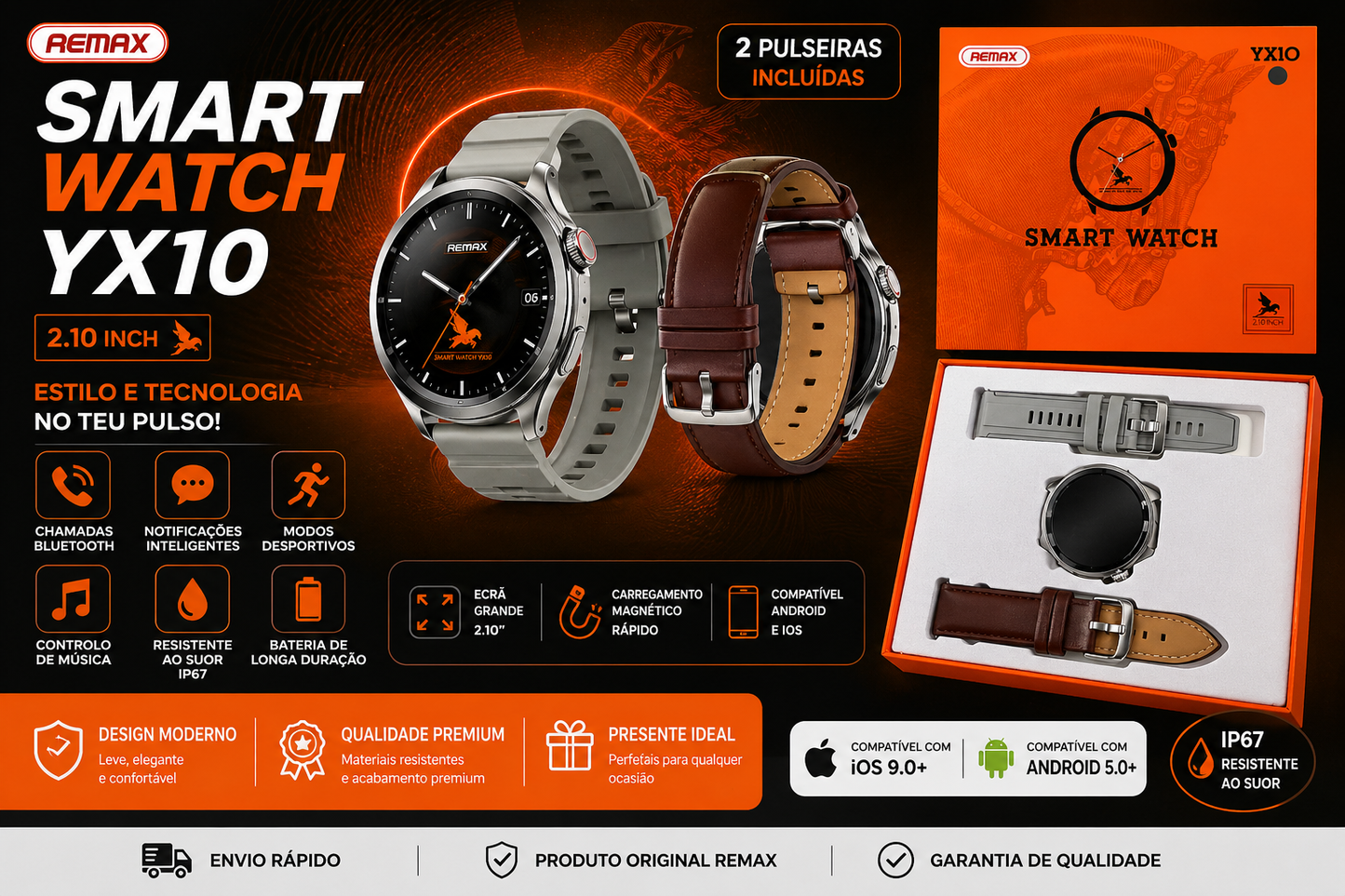 Smartwatch REMAX YX10 – Ecrã 2.10” | 2 Pulseiras Incluídas