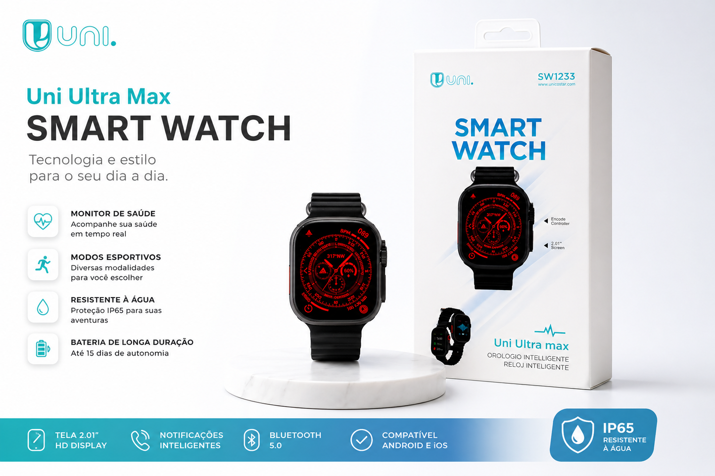 Smartwatch Uni Ultra Max SW1233 – Ecrã 2.01”, Bluetooth e IP65