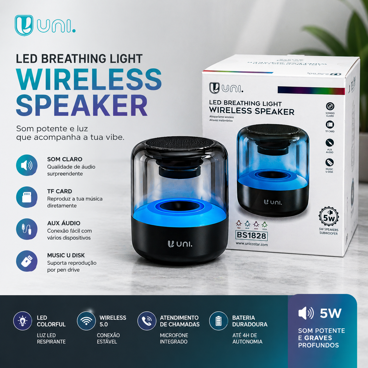 Coluna Bluetooth LED RGB Wireless – 5W Som Potente (BS1828)