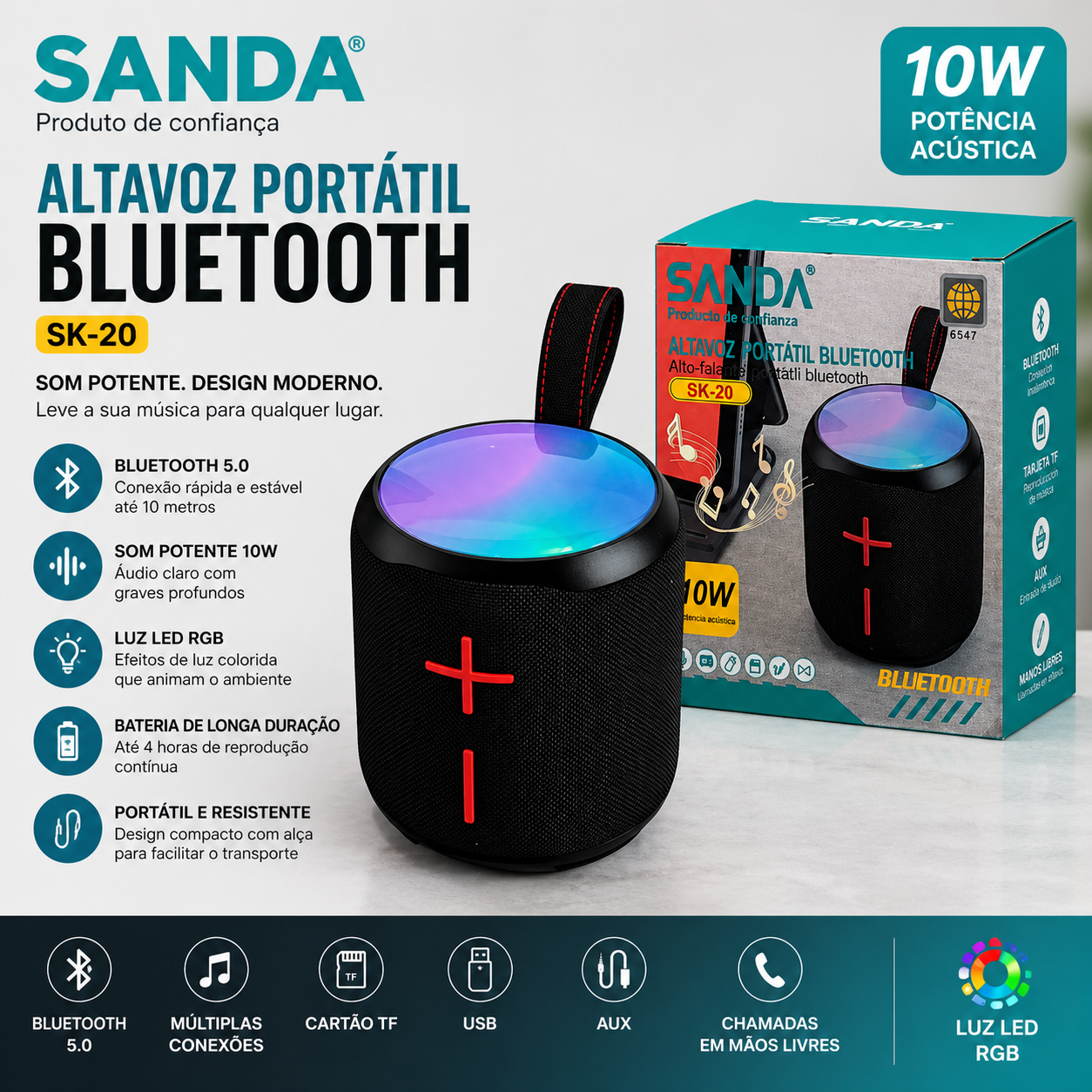Coluna Bluetooth Portátil SANDA SK-20 – 10W com LED RGB