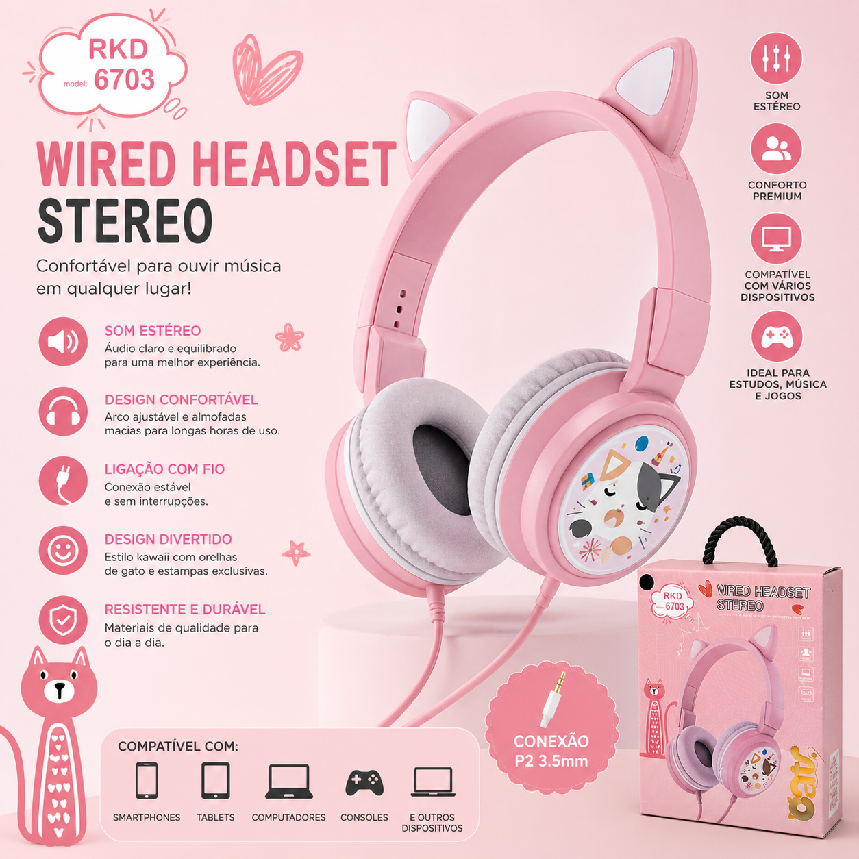 Headphones Infantil com Orelhas de Gato RKD 6703 – Stereo com Fio
