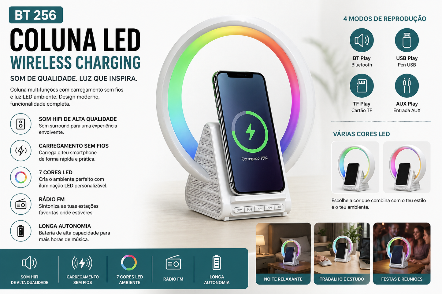 Coluna LED Bluetooth com Carregamento Wireless BT256