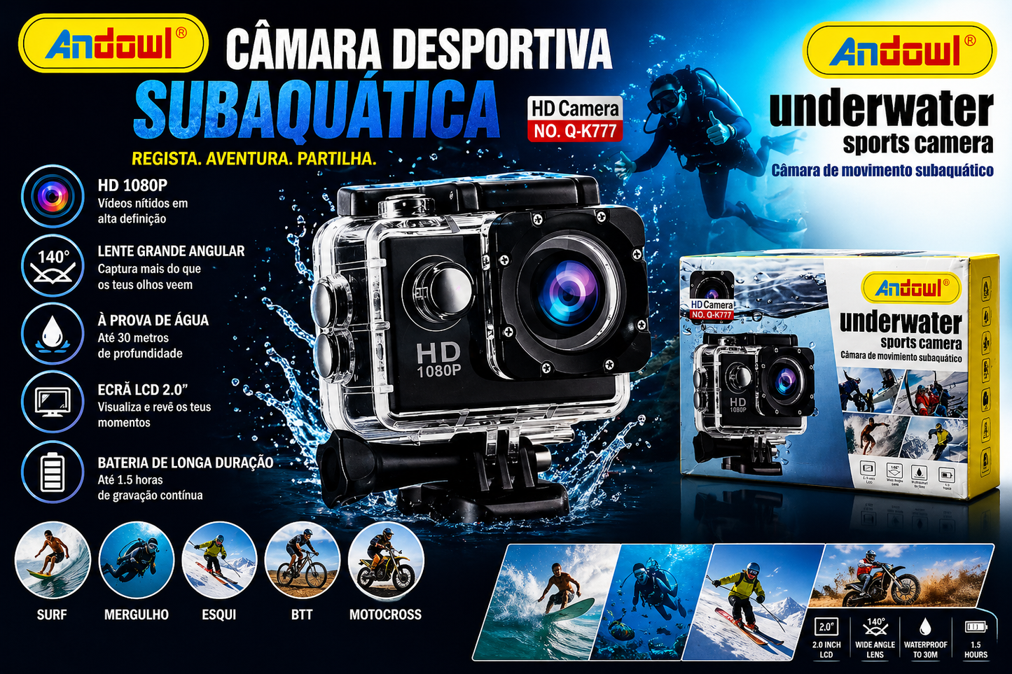 Câmara Desportiva Subaquática Andowl Q-K777 HD 1080P