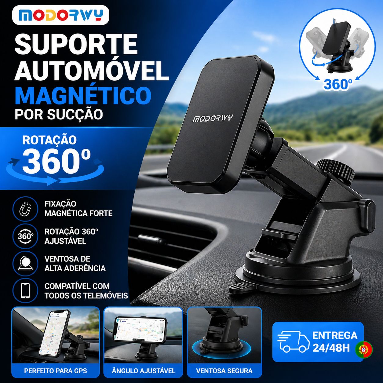 Suporte Magnético Automóvel MODORWY MH1111 – Ventosa Forte e Rotação 360º (Preto)