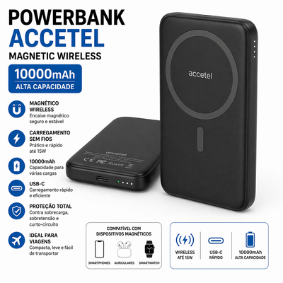 Powerbank Accetel 10000mAh Magnetic Wireless – Preta
