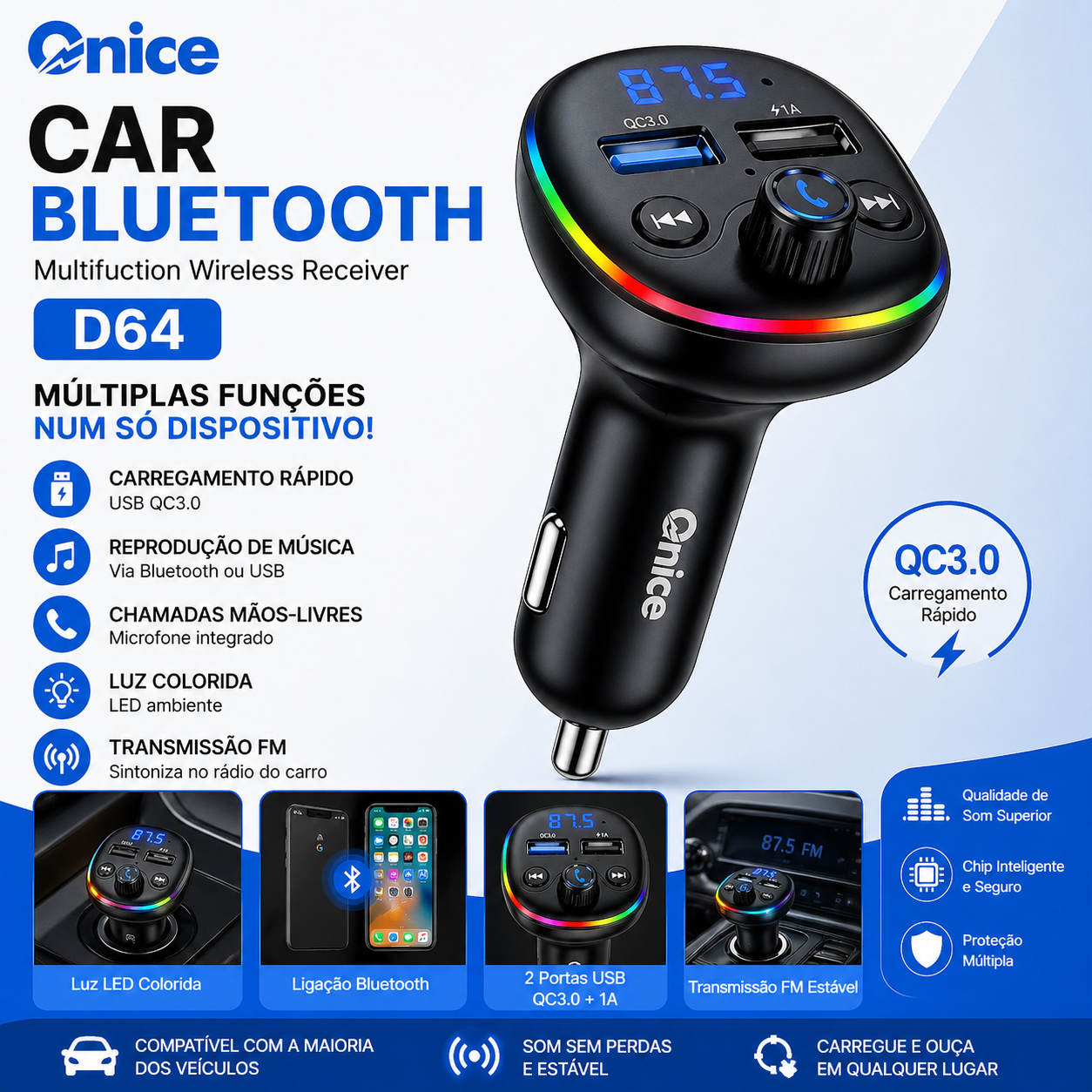 Bluetooth Carro Onice D64 QC3.0