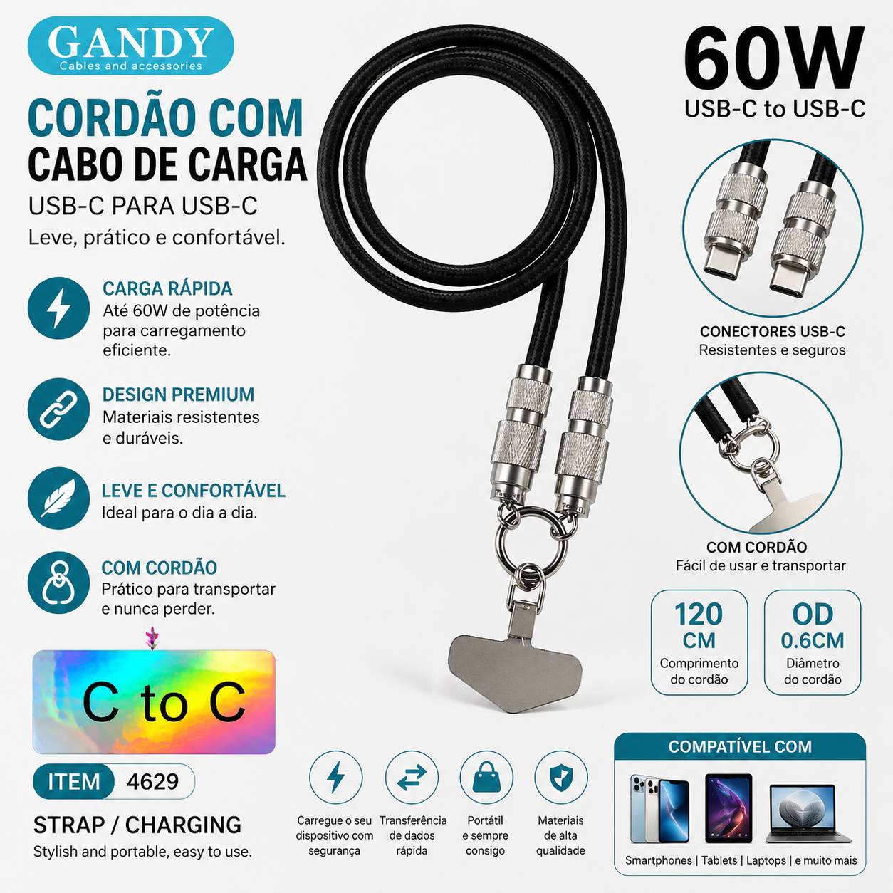 Cabo USB-C 60W Gandy com Cordão