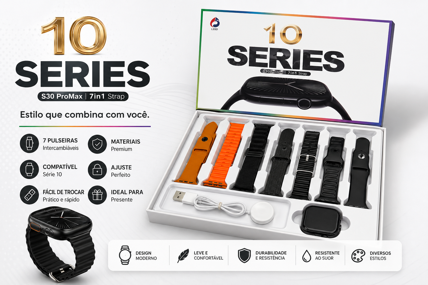 Smartwatch S30 Pro Max – Série 10 | Pack 7 Pulseiras + Carregador Magnético