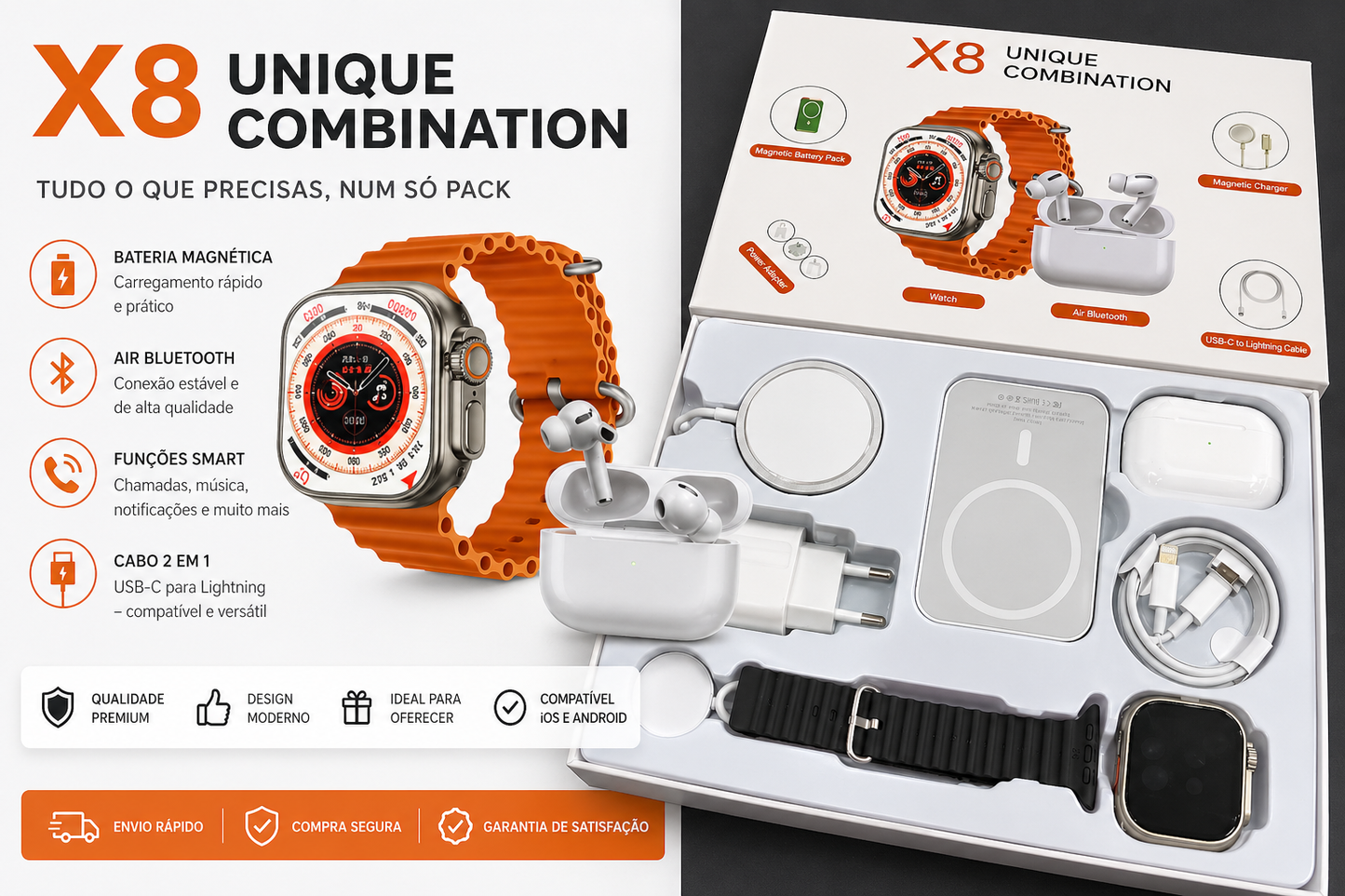 Smartwatch X8 Pack Completo – Relógio + AirPods + Powerbank + Carregadores