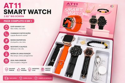 Smartwatch AT11 Pack Premium – Relógio + 2 Clássicos + Pulseiras + Acessórios