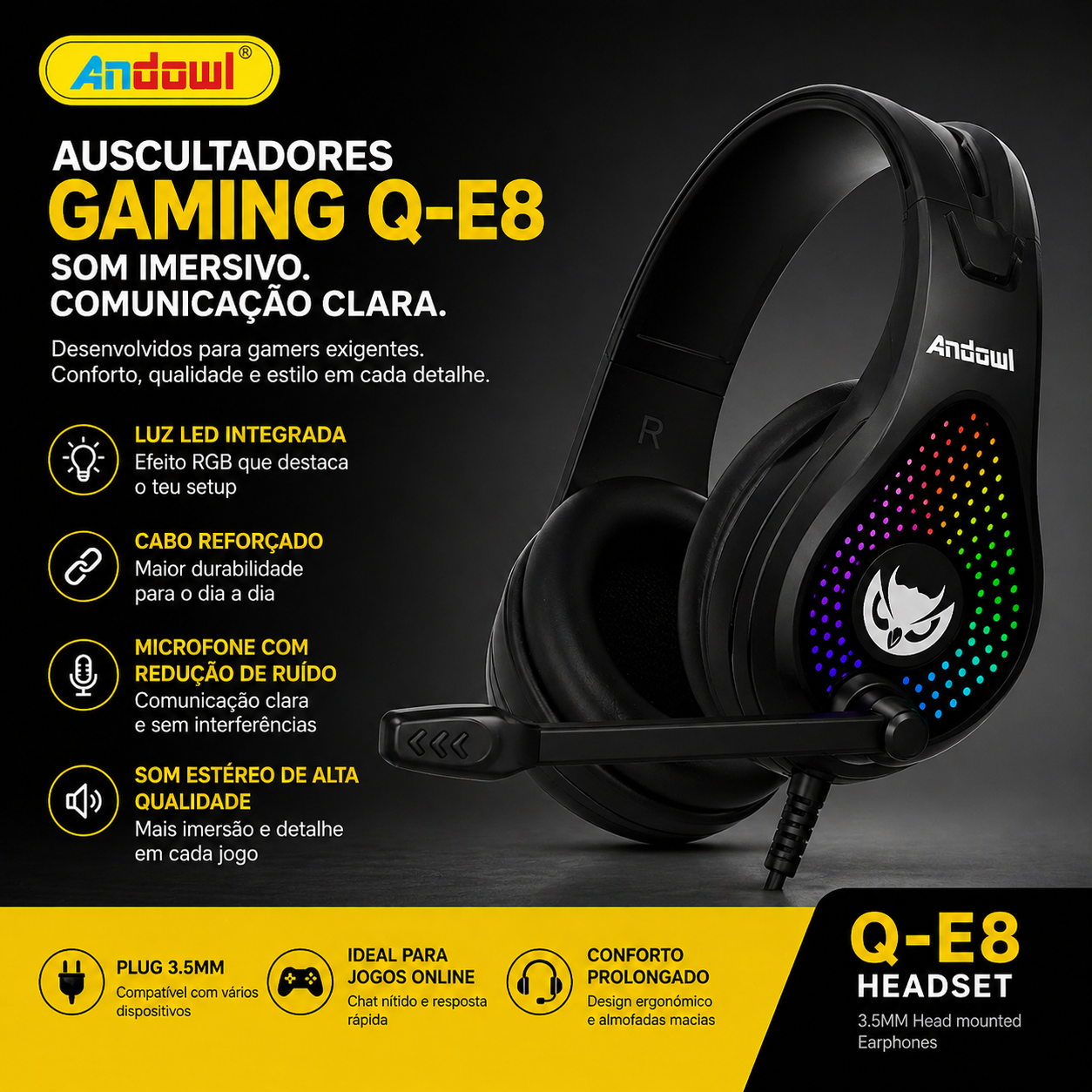 Auscultadores Gaming Andowl Q-E8 RGB – Headset com Microfone (Jack 3.5mm)