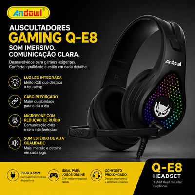 Auscultadores Gaming Andowl Q-E8 RGB – Headset com Microfone (Jack 3.5mm)