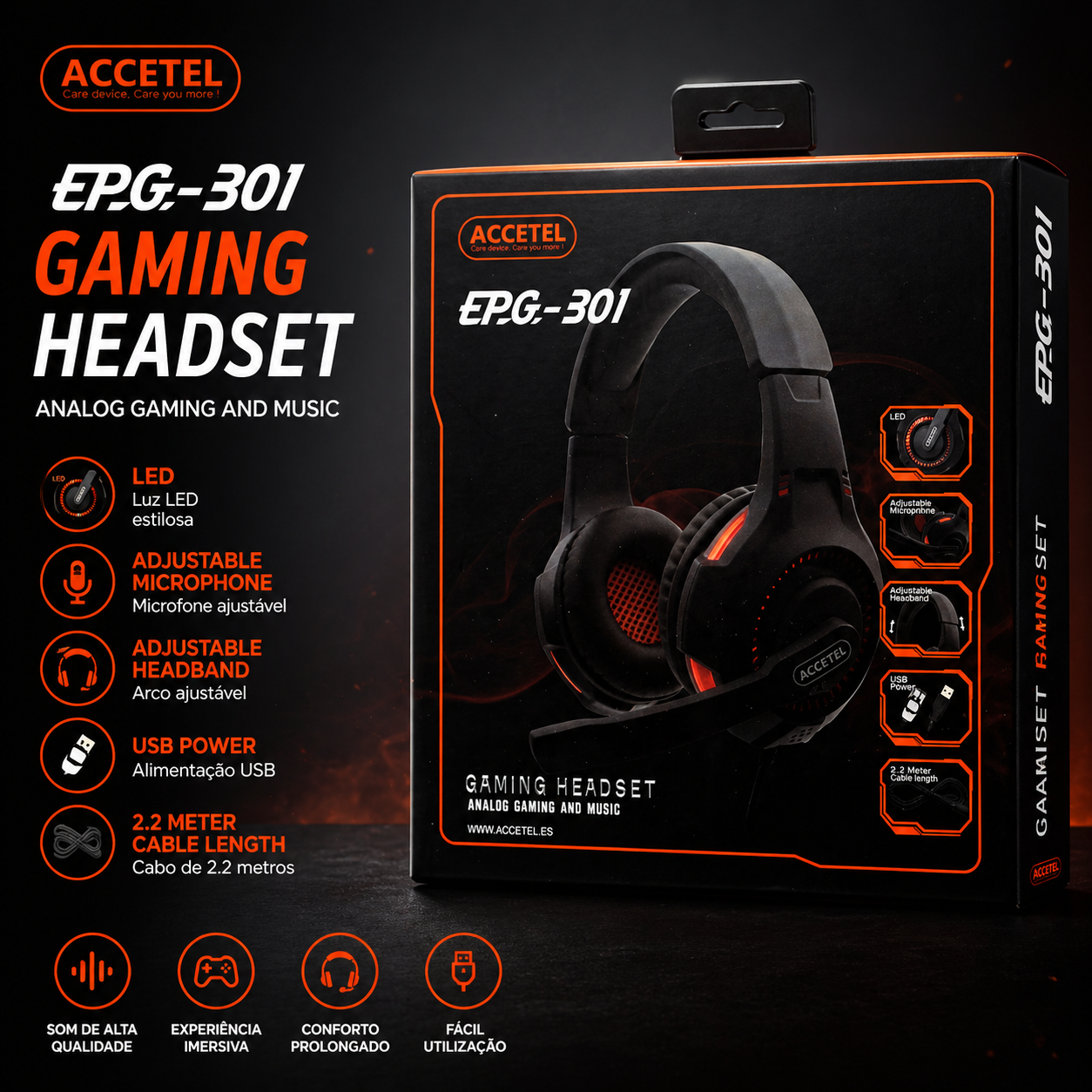 Headset Gaming ACCETEL EPG-301 – RGB, Microfone Ajustável e Som Imersivo