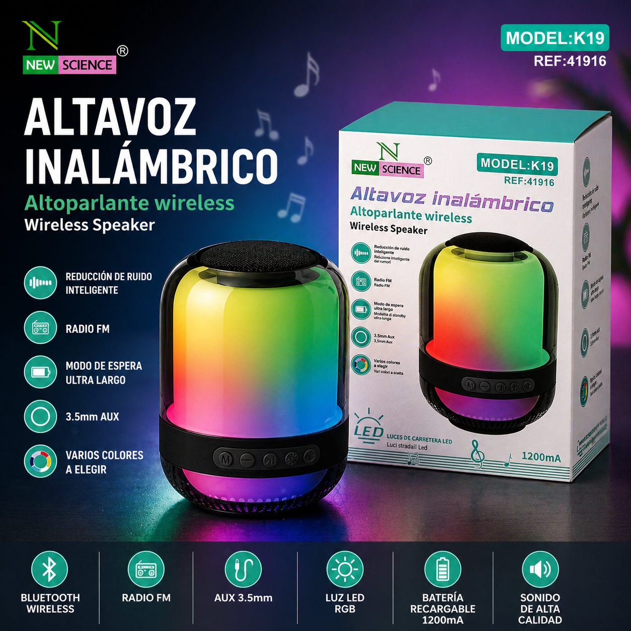 Coluna Bluetooth LED RGB K19 – Wireless Speaker Compacta