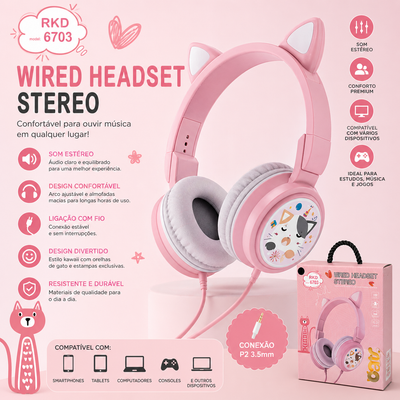 Headphones Infantil com Orelhas de Gato RKD 6703 – Stereo com Fio
