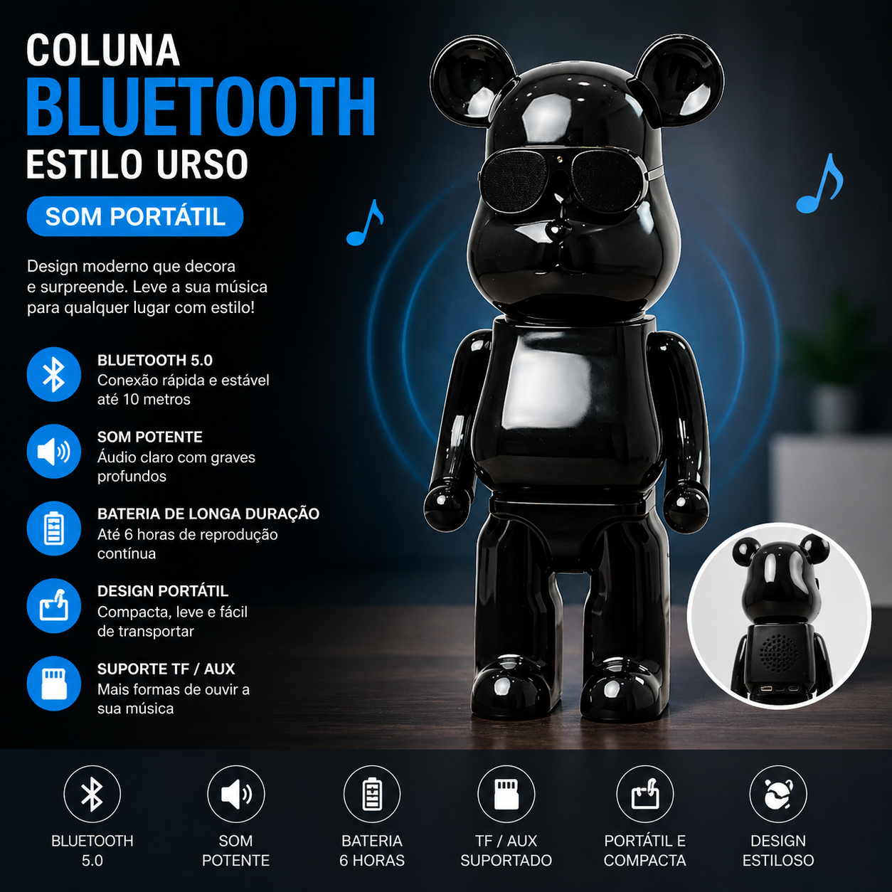 Coluna Bluetooth BearSound Pro – Estilo Urso com Som Portátil