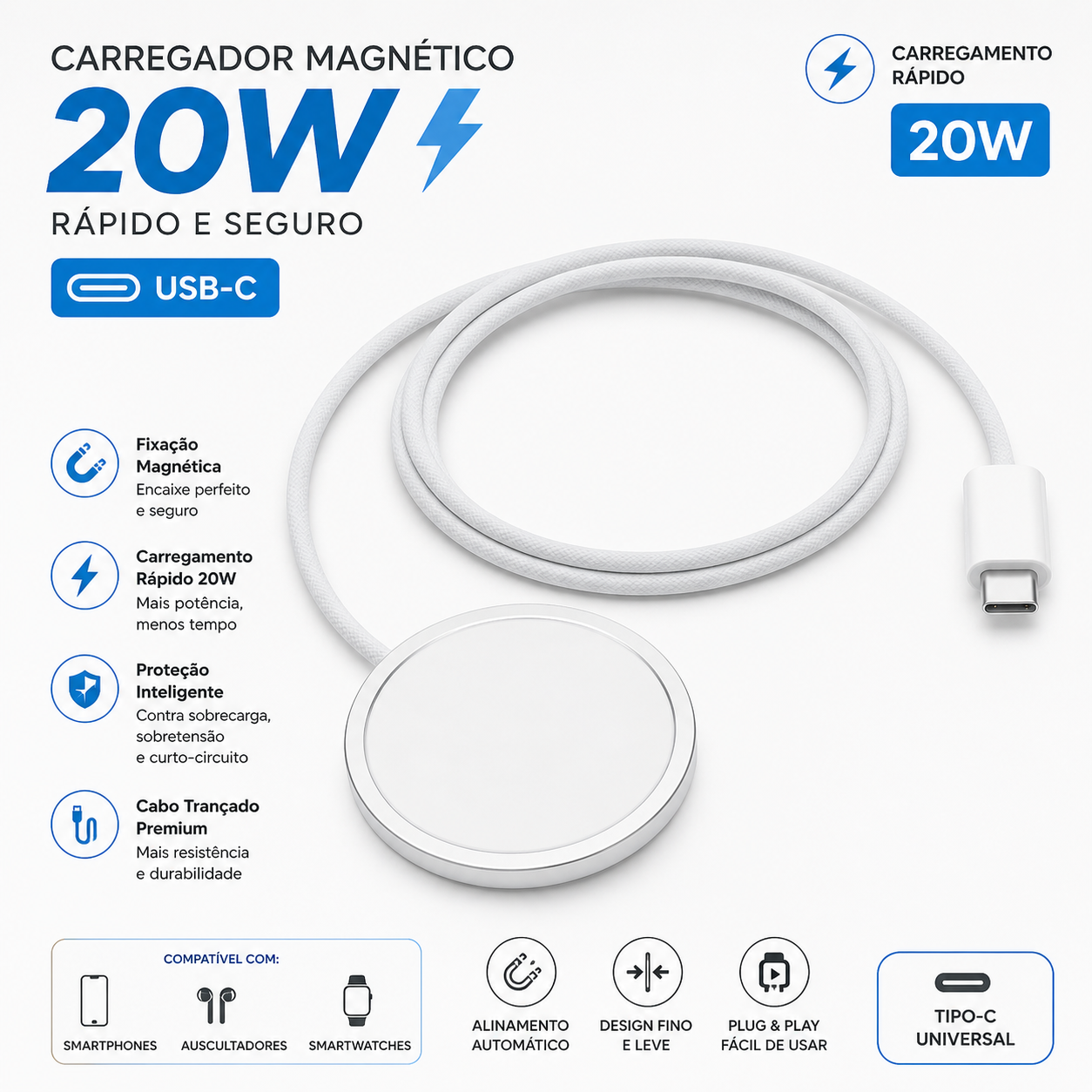Carregador Magnético Wireless 20W USB-C (Tipo C) – Carregamento Rápido