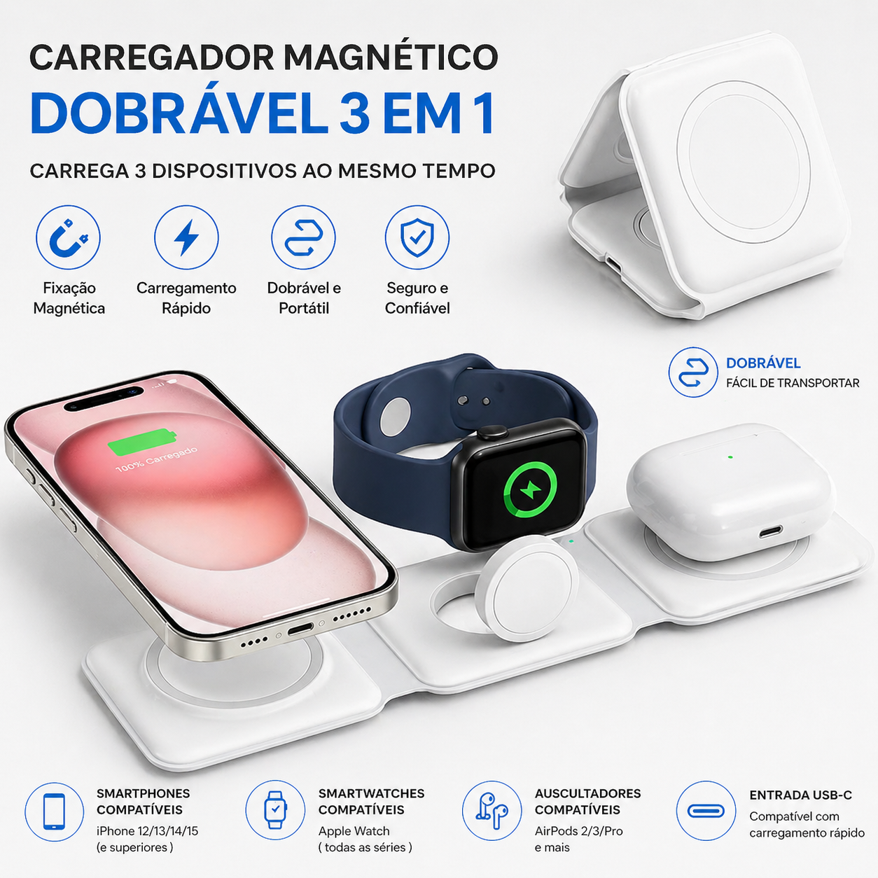 Carregador Wireless Magnético 3 em 1 Dobrável – USB-C (SD-4640)