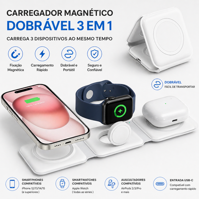 Carregador Wireless Magnético 3 em 1 Dobrável – USB-C (SD-4640)