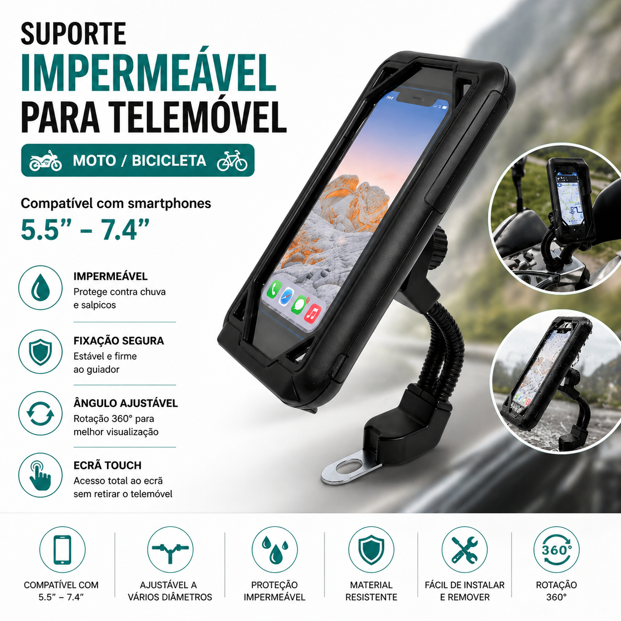 Suporte Impermeável para Telemóvel – Moto/Bicicleta (5.5”–7.4”)