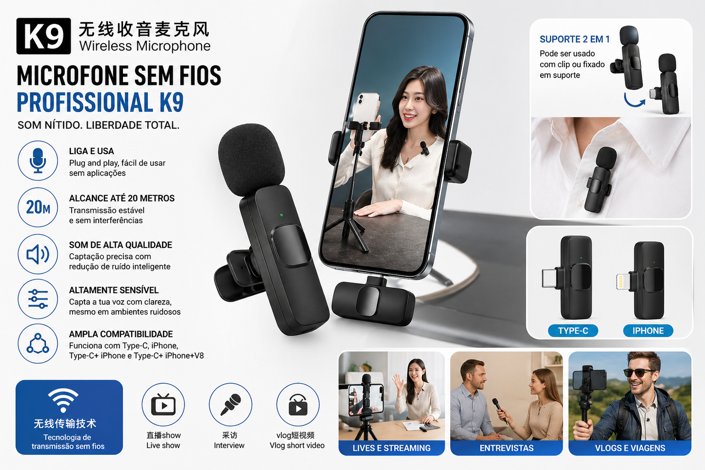 Microfone Wireless K9 Profissional – Duplo (Lightning / Type-C)