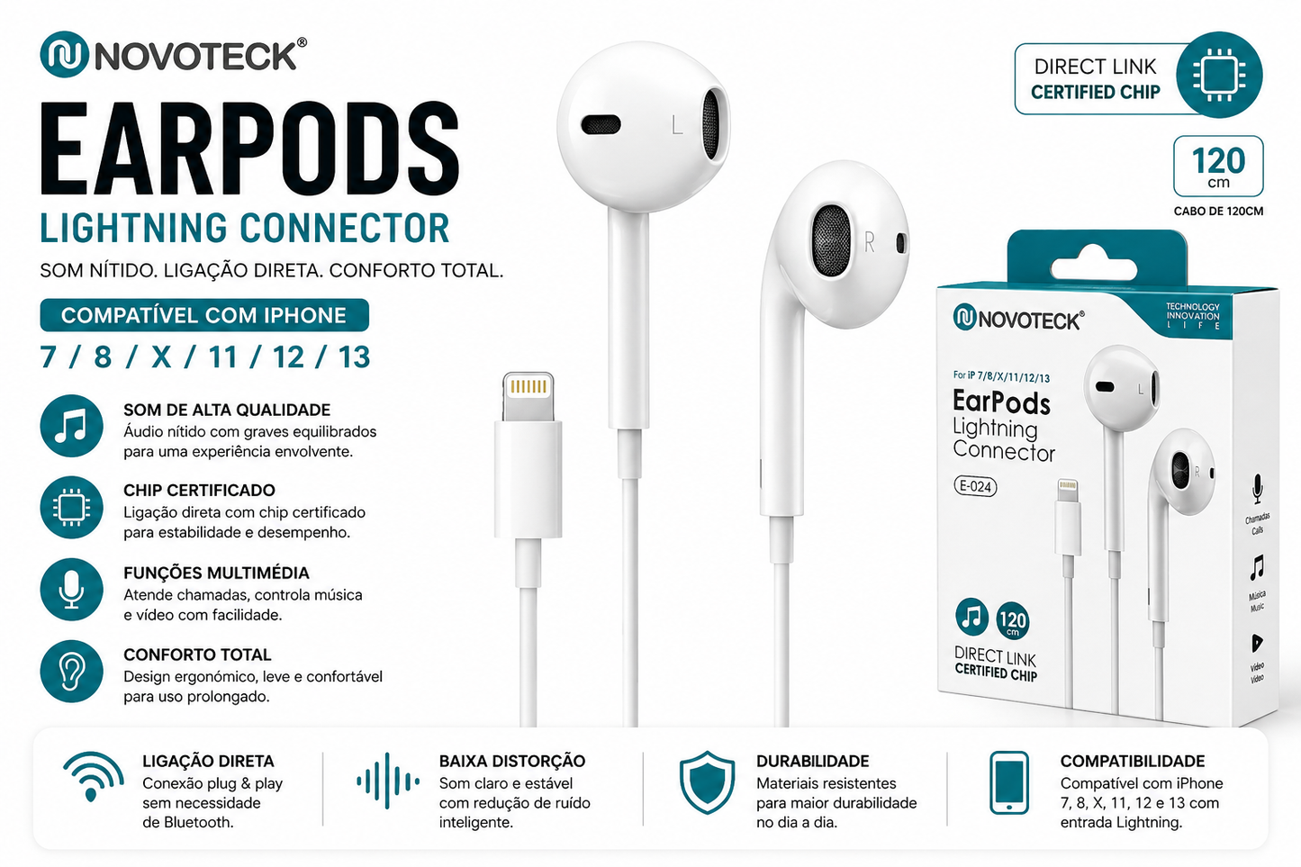 Auriculares com Fio Lightning NOVOTECK E-024 – iPhone (120cm)