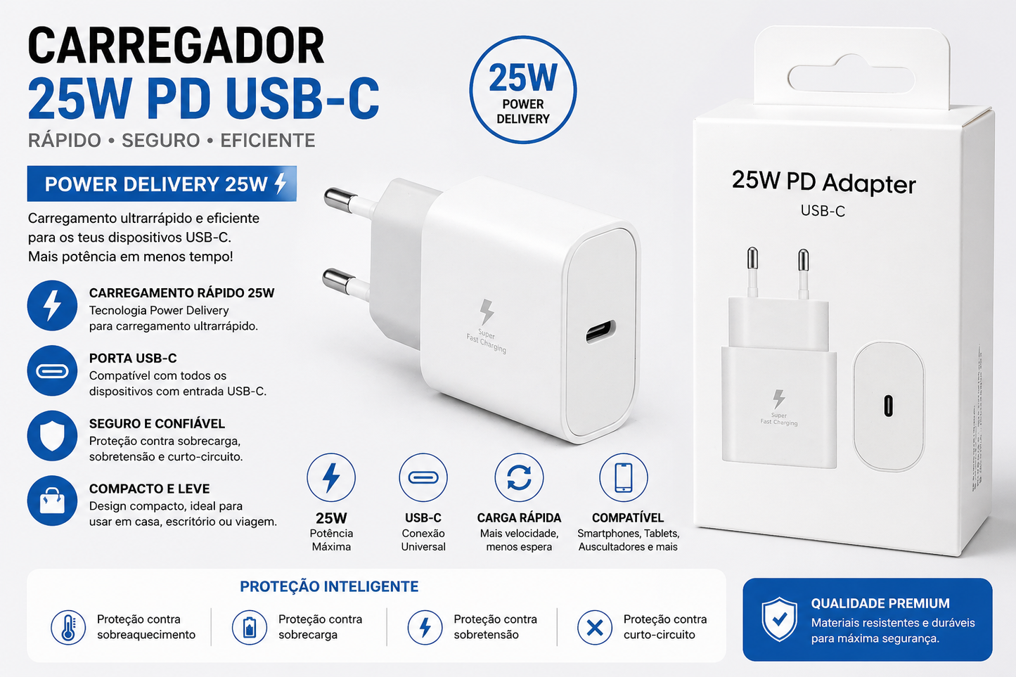 Adaptador USB-C 25W – Carregamento Rápido
