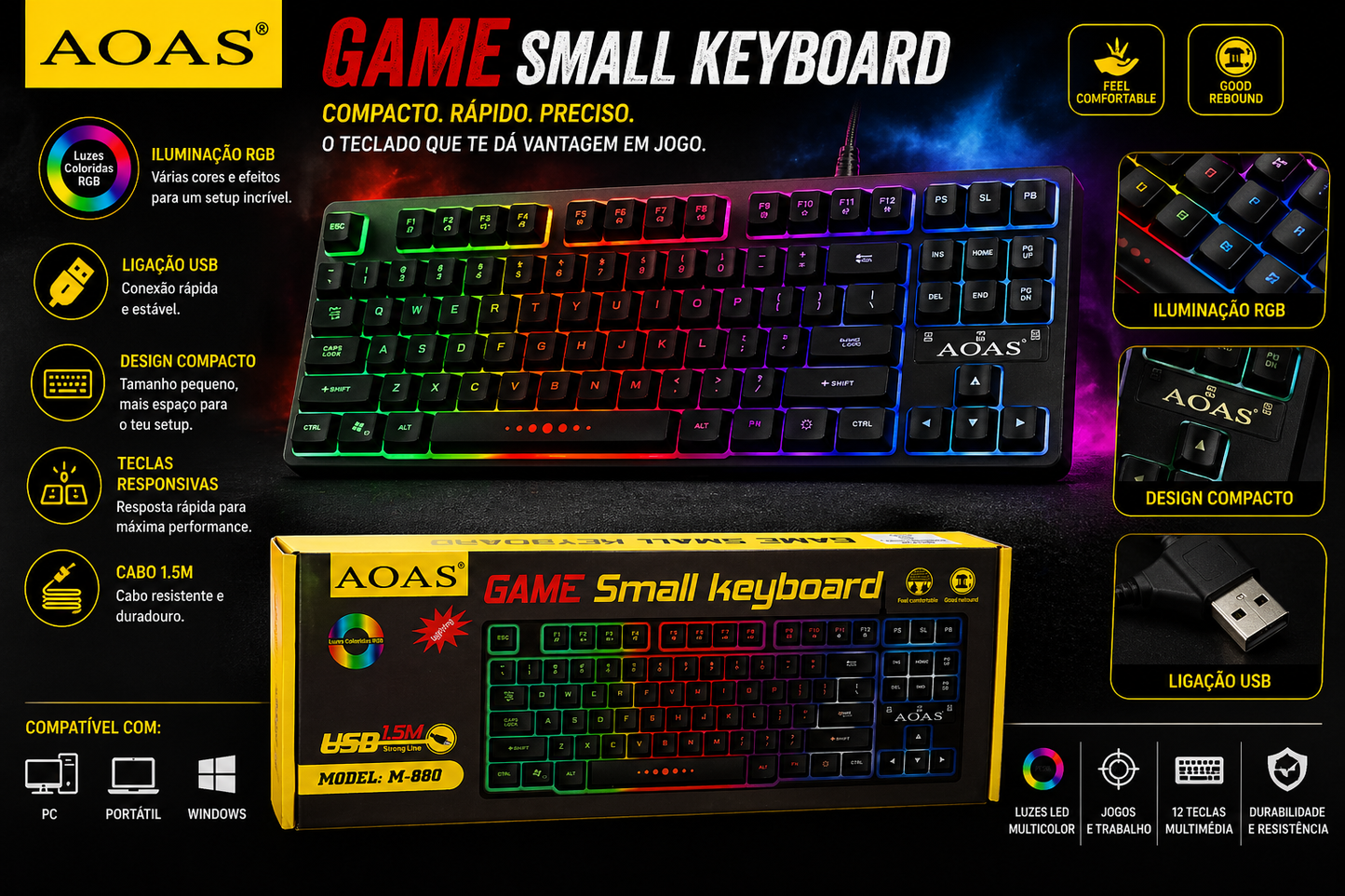 Teclado Gaming AOAS M-880 RGB USB (Compacto)