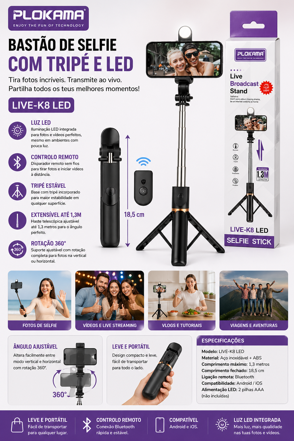 Selfie Stick com Luz LED – Tripé e Bluetooth