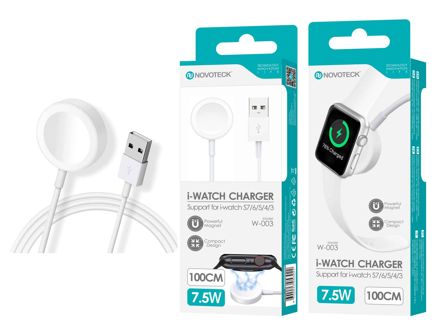 Carregador Magnético i-Watch – Compatível com Séries 7/6/5/4/3, 7.5W, Cabo de 100cm